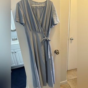 Dusty blue grey wrap dress.   new, bought for bridesmaids just couldn’t return